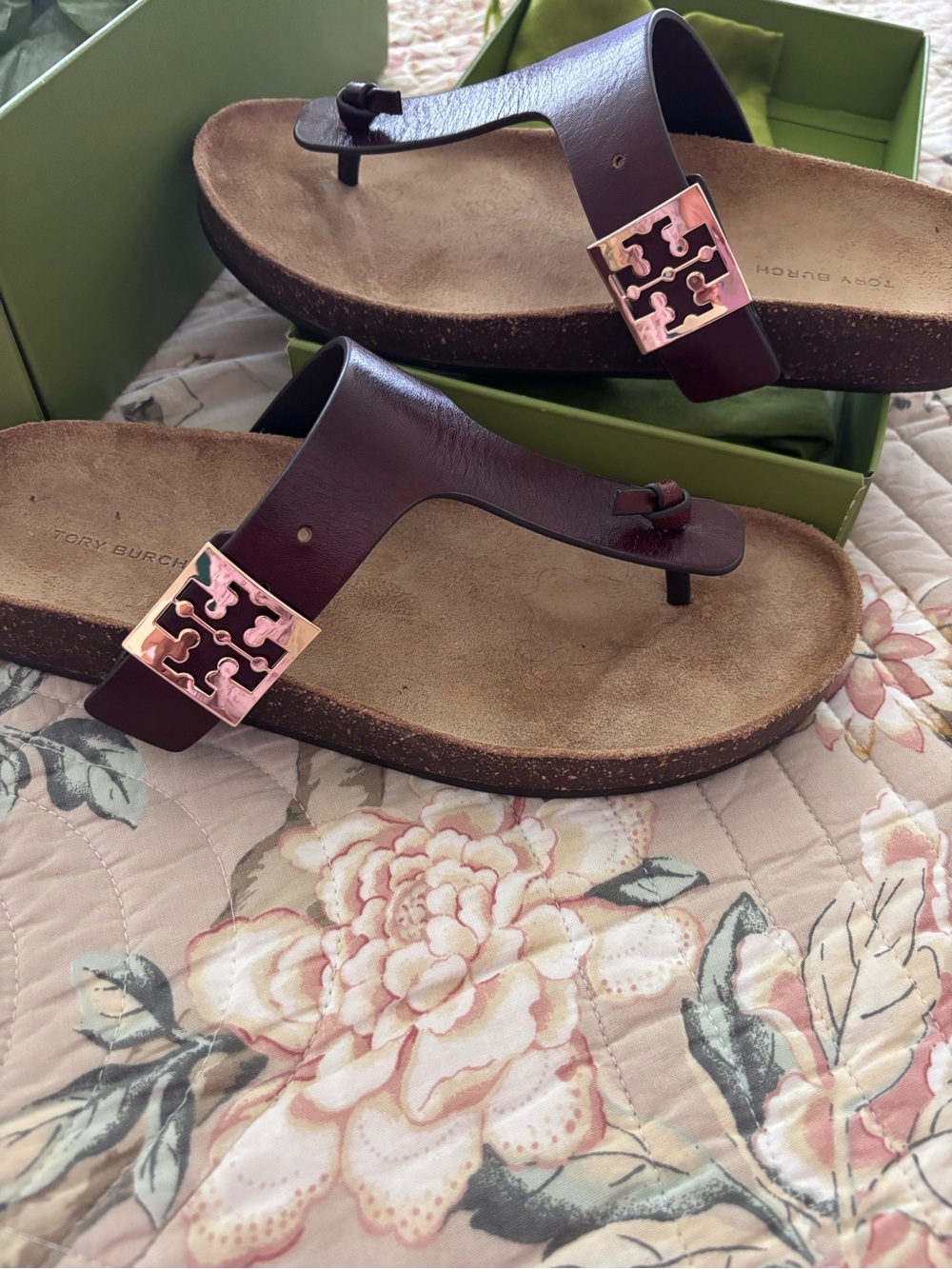 Tory Burch Dark Brown Leather Logo Thong Sandals with Gold Emblem
